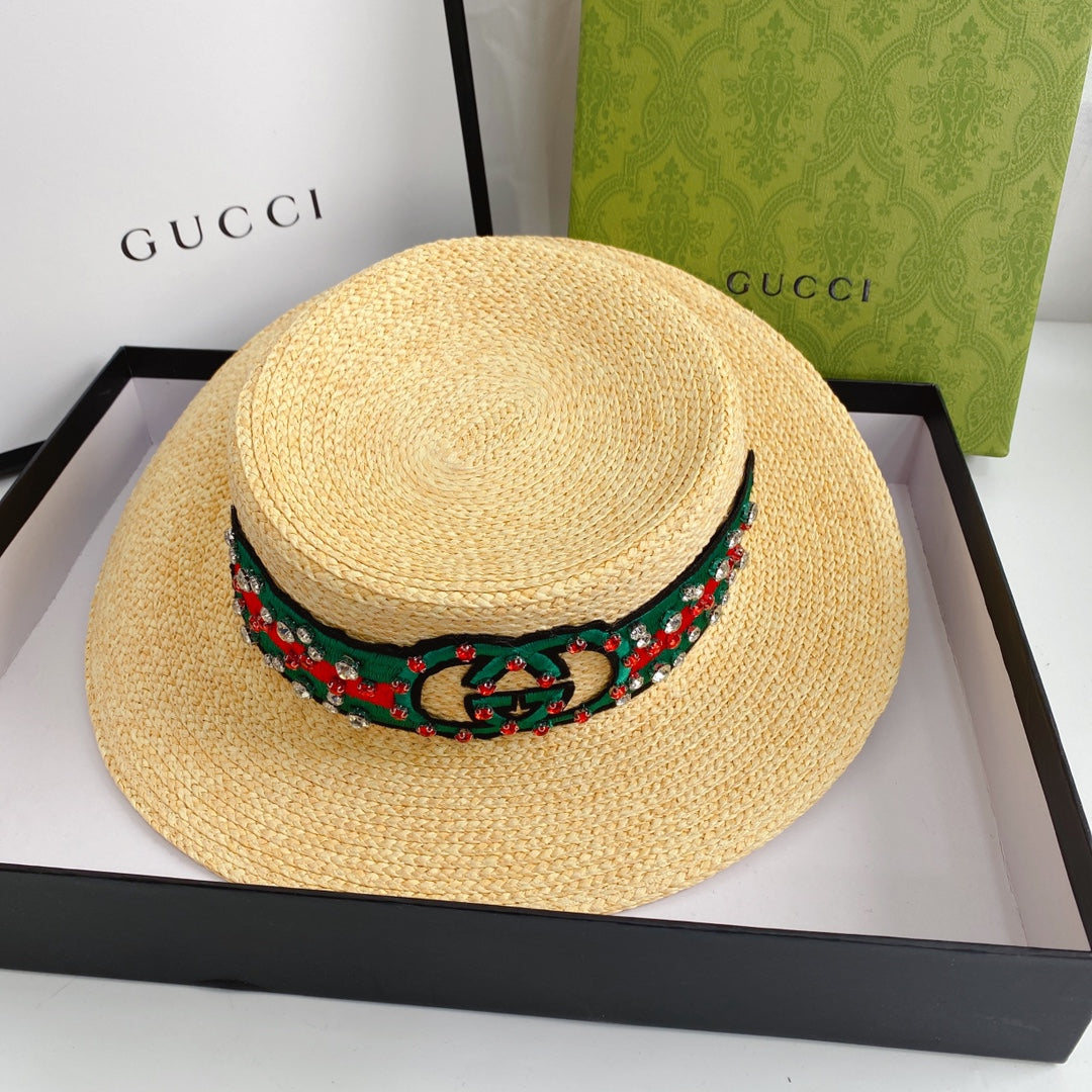 Double G Color Embroidered Diamond Straw Hat
