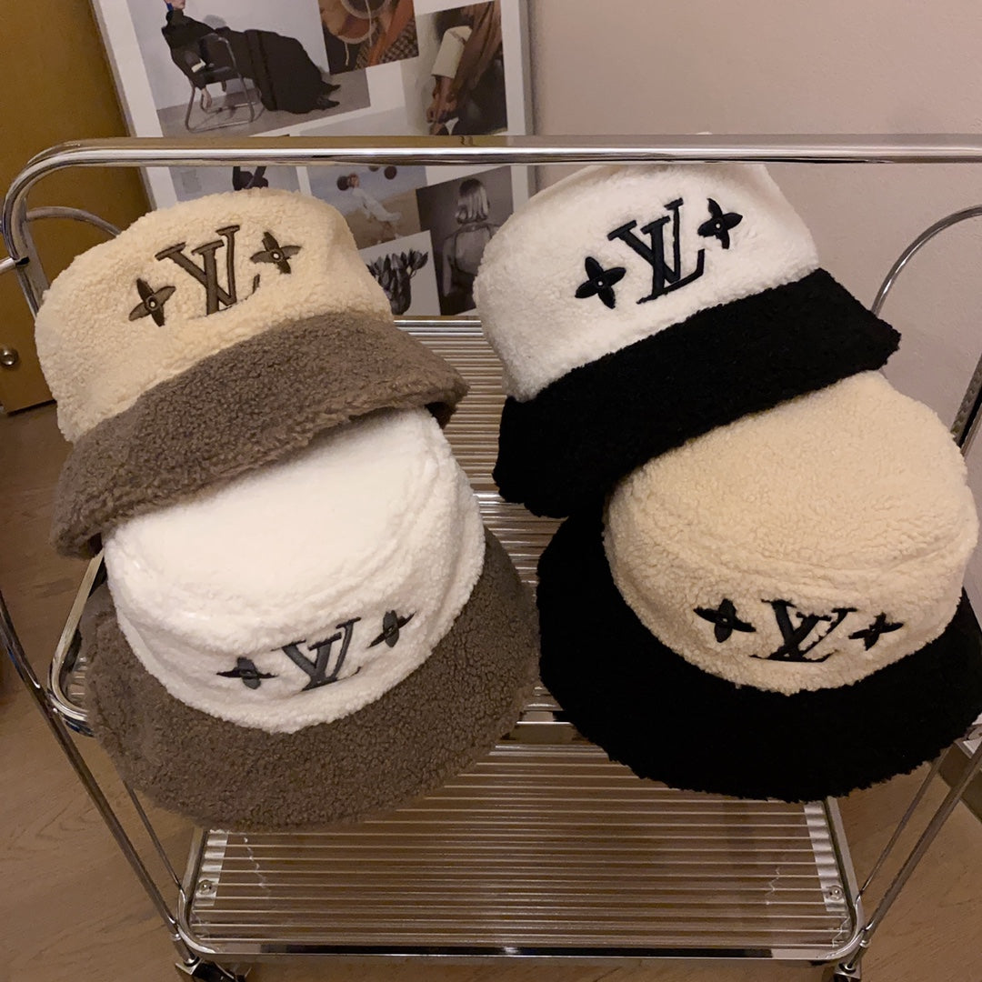Lamb Wool Colorblock Embroidered Bucket Ha