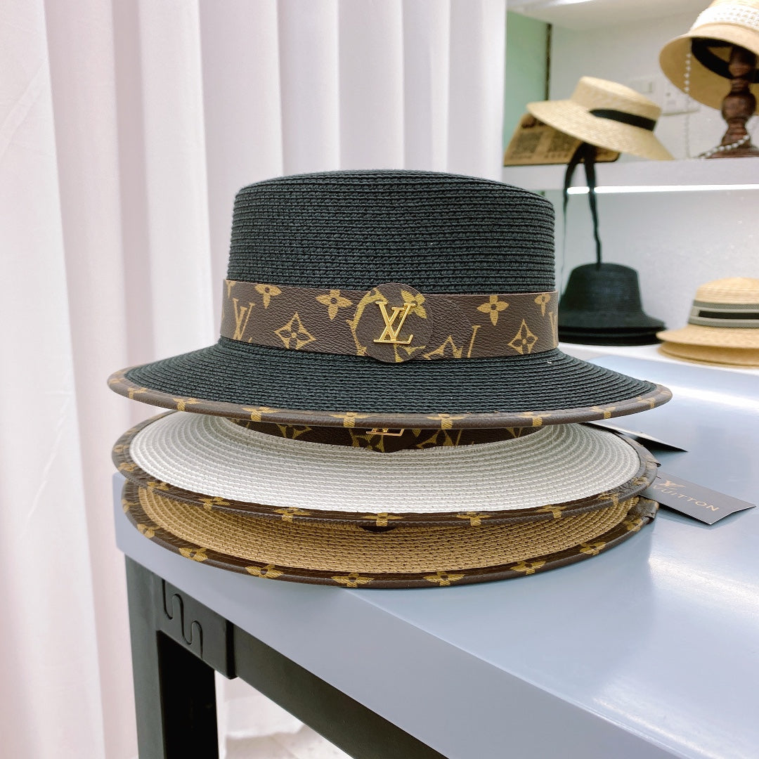 Fashion Monogram Belt Flat Straw Hat