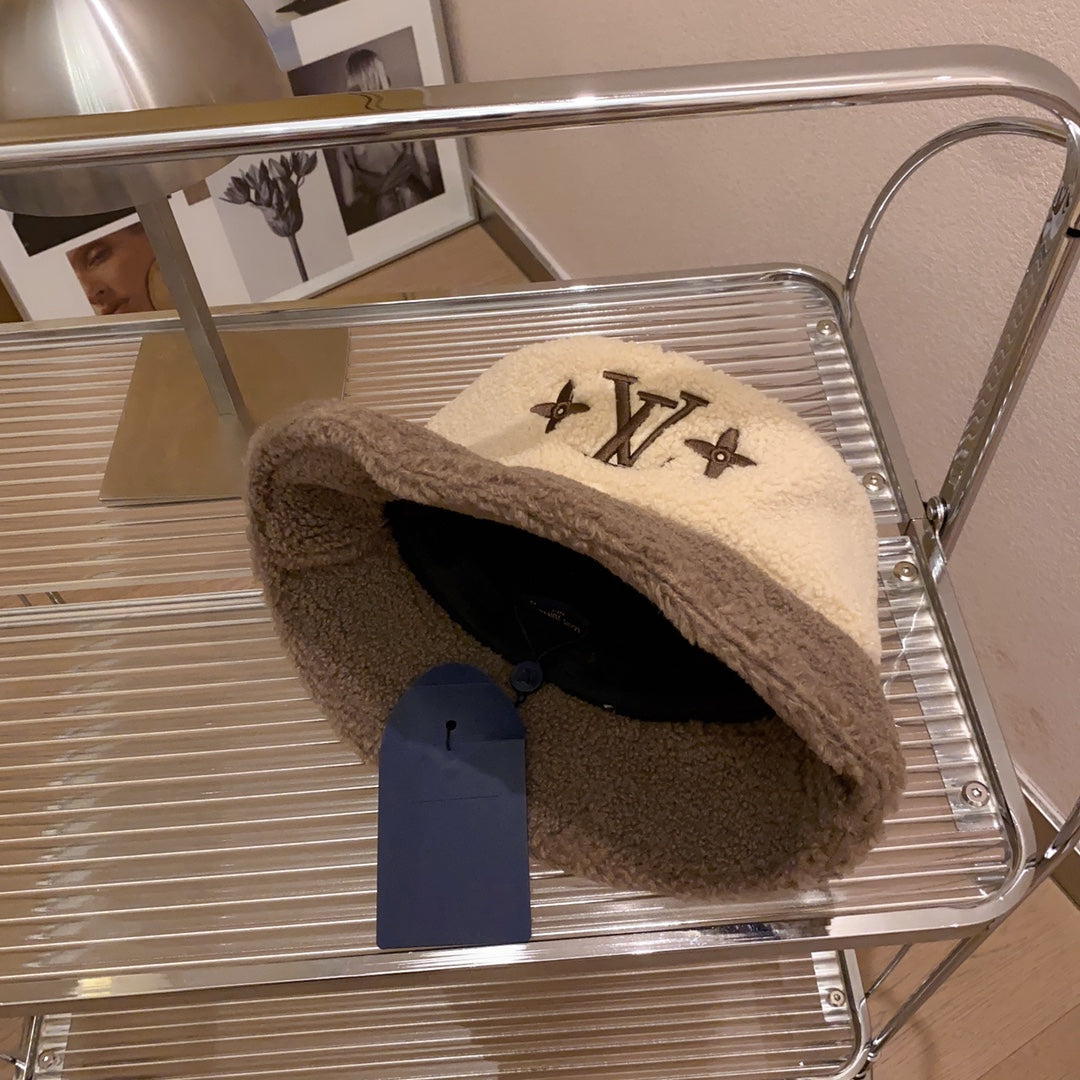 Lamb Wool Colorblock Embroidered Bucket Ha