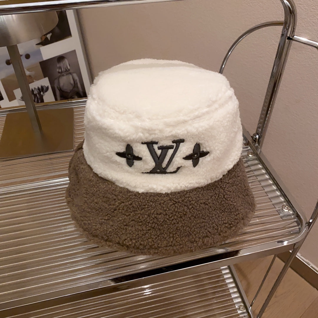 Lamb Wool Colorblock Embroidered Bucket Ha