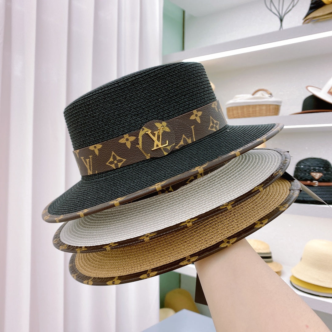 Fashion Monogram Belt Flat Straw Hat