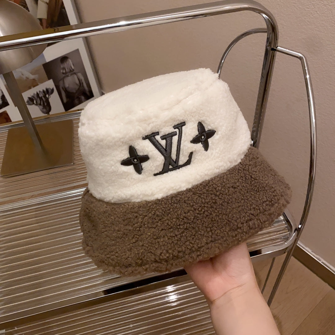 Lamb Wool Colorblock Embroidered Bucket Ha