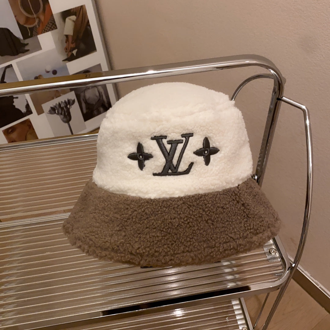 Lamb Wool Colorblock Embroidered Bucket Ha