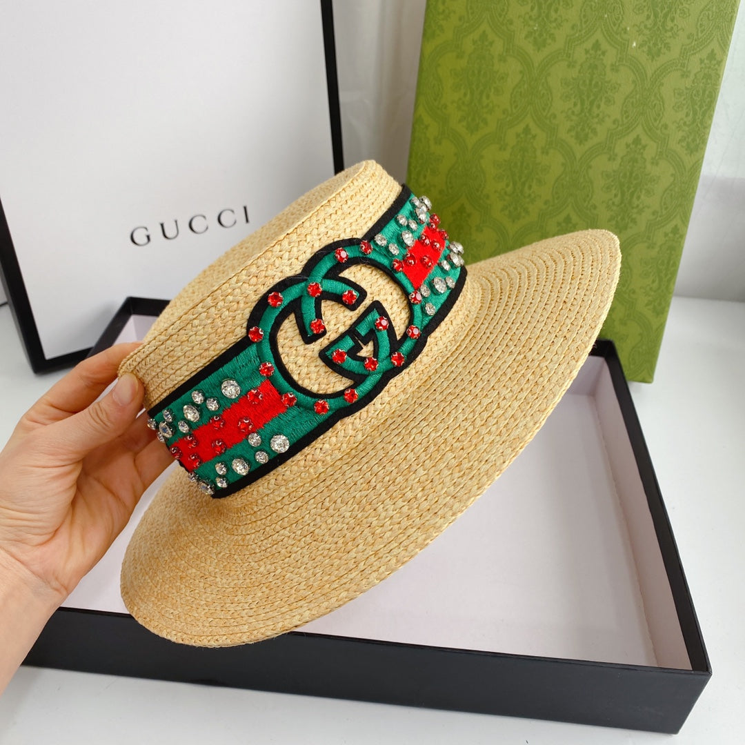 Double G Color Embroidered Diamond Straw Hat