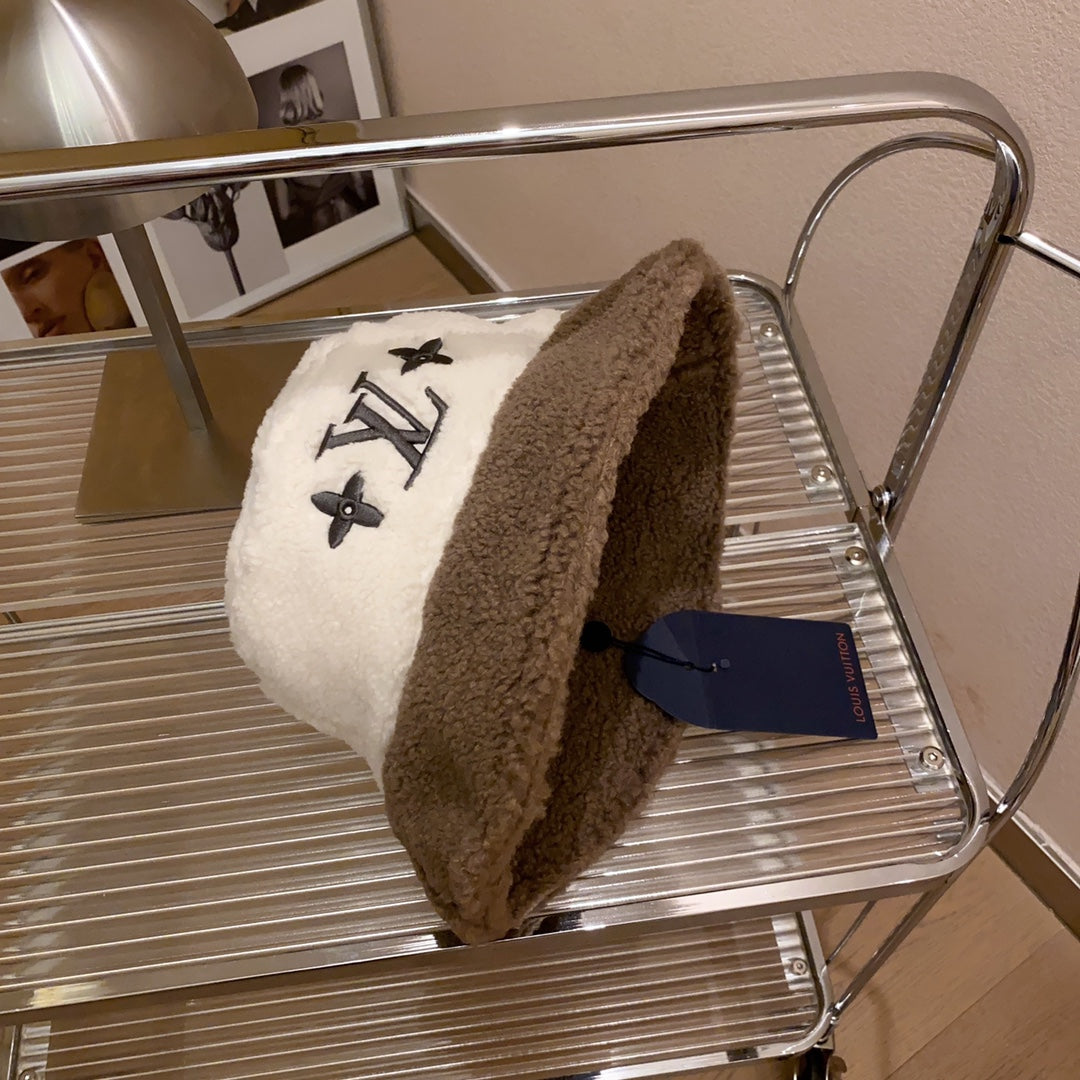 Lamb Wool Colorblock Embroidered Bucket Ha
