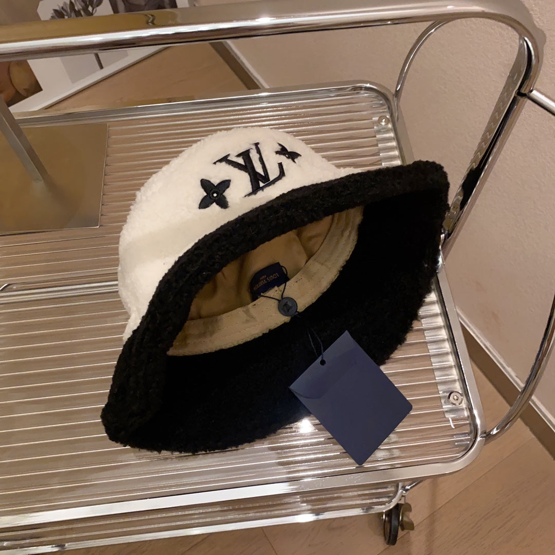 Lamb Wool Colorblock Embroidered Bucket Ha