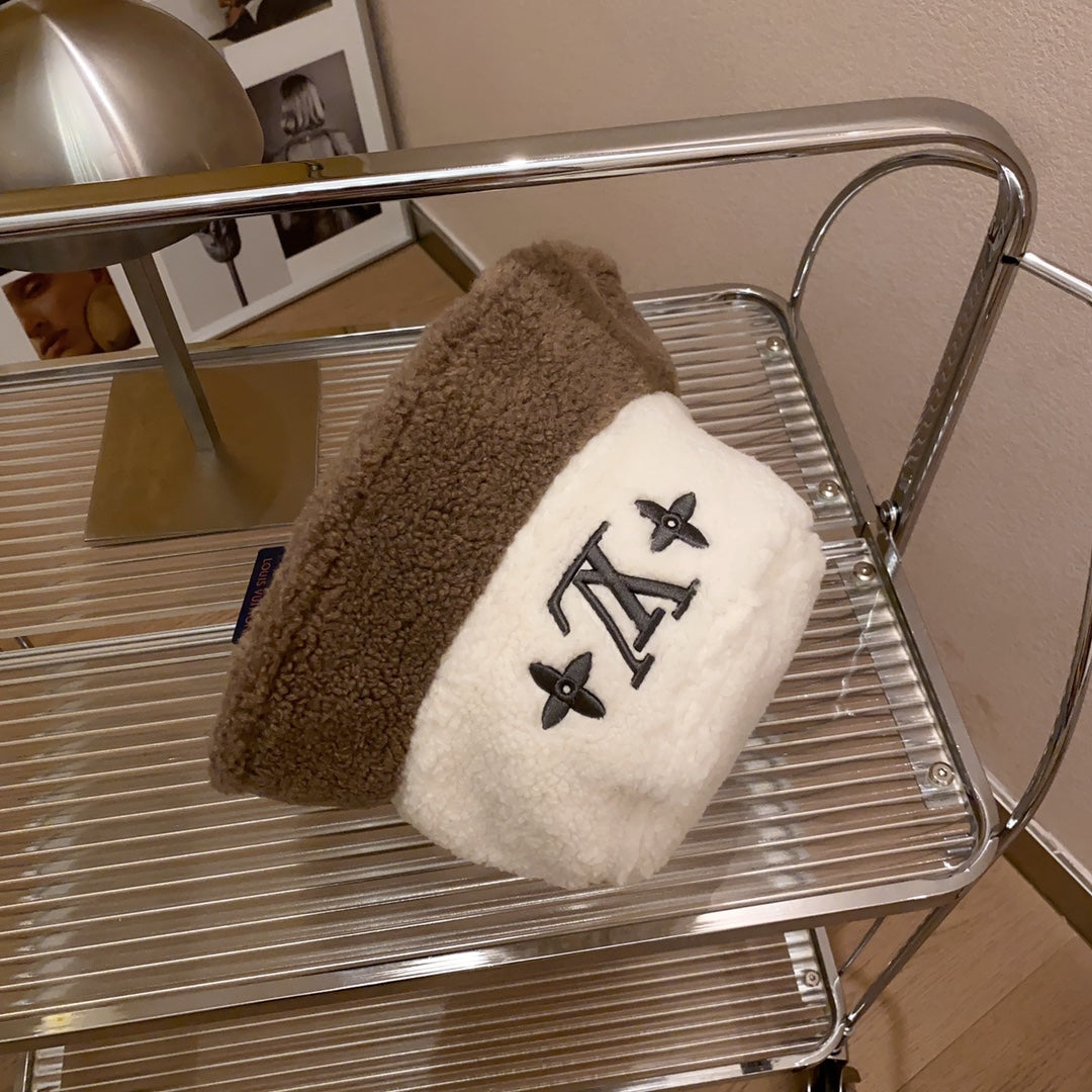 Lamb Wool Colorblock Embroidered Bucket Ha