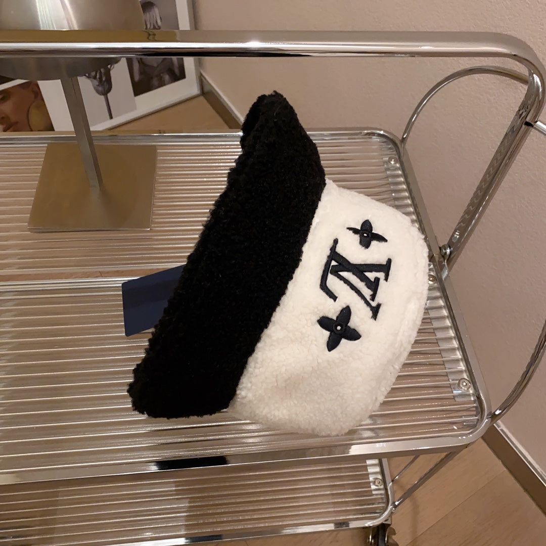 Lamb Wool Colorblock Embroidered Bucket Ha
