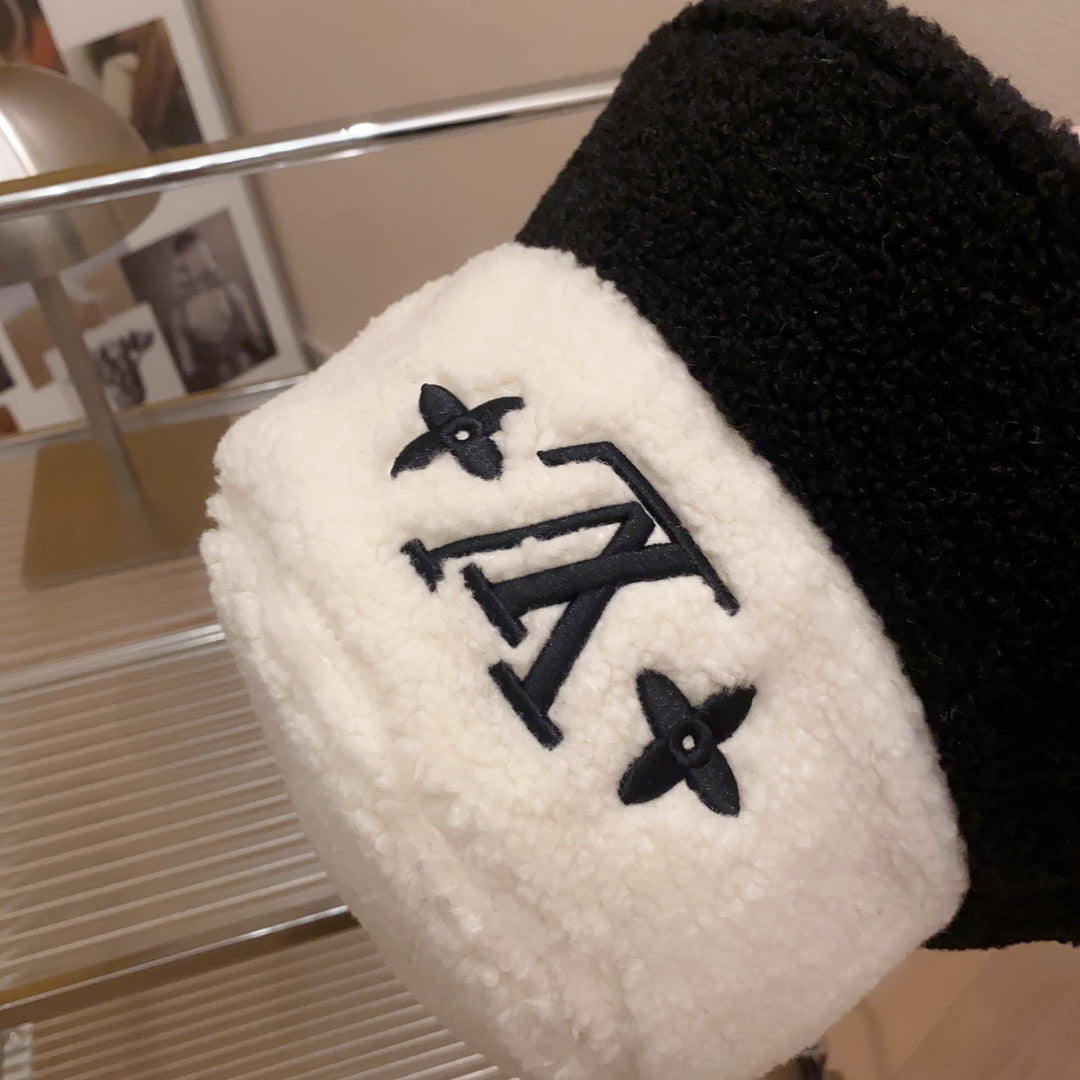 Lamb Wool Colorblock Embroidered Bucket Ha