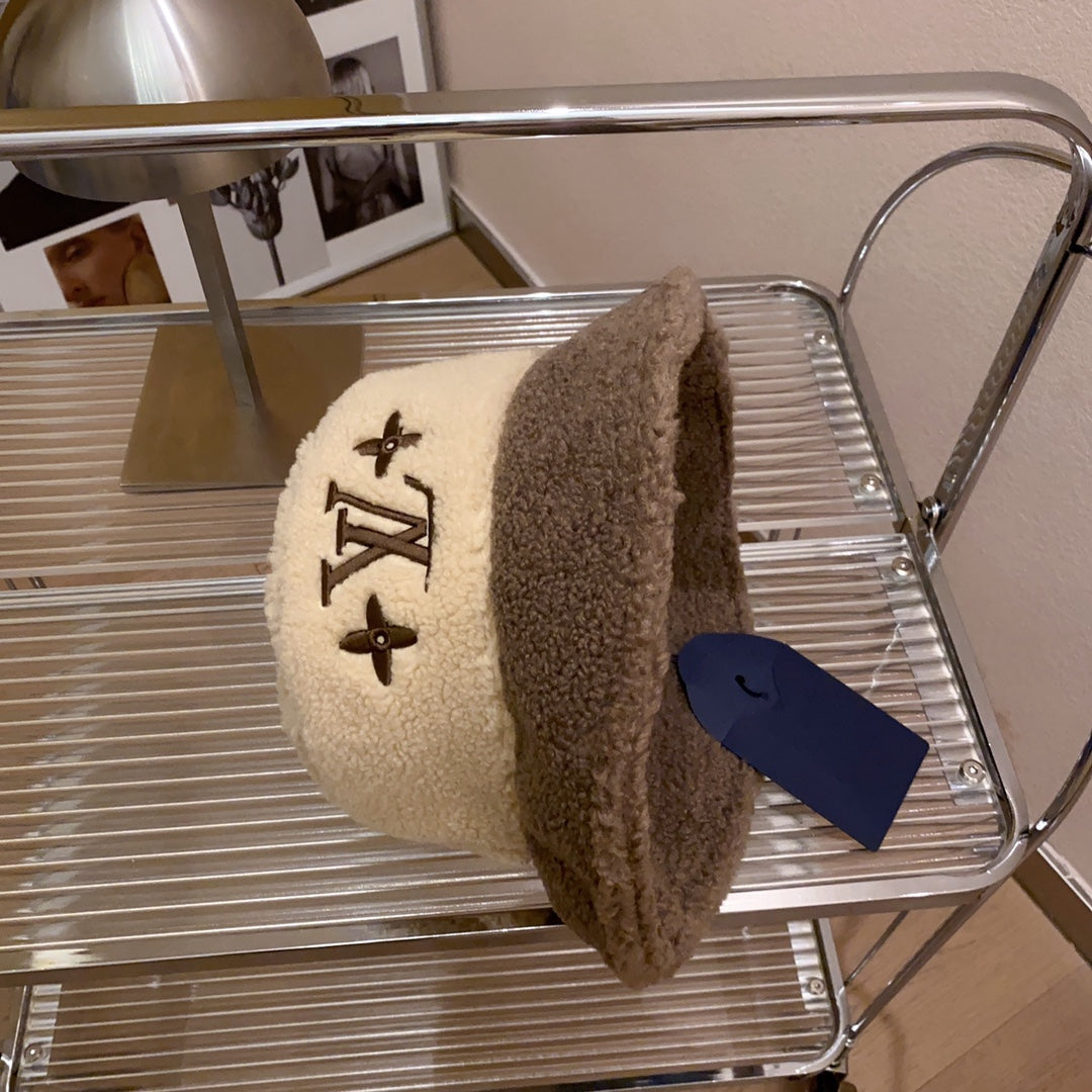Lamb Wool Colorblock Embroidered Bucket Ha
