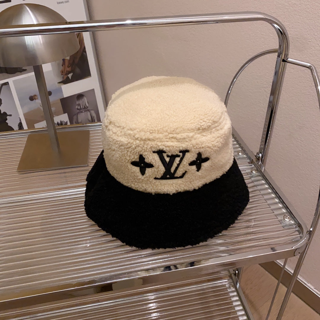 Lamb Wool Colorblock Embroidered Bucket Ha