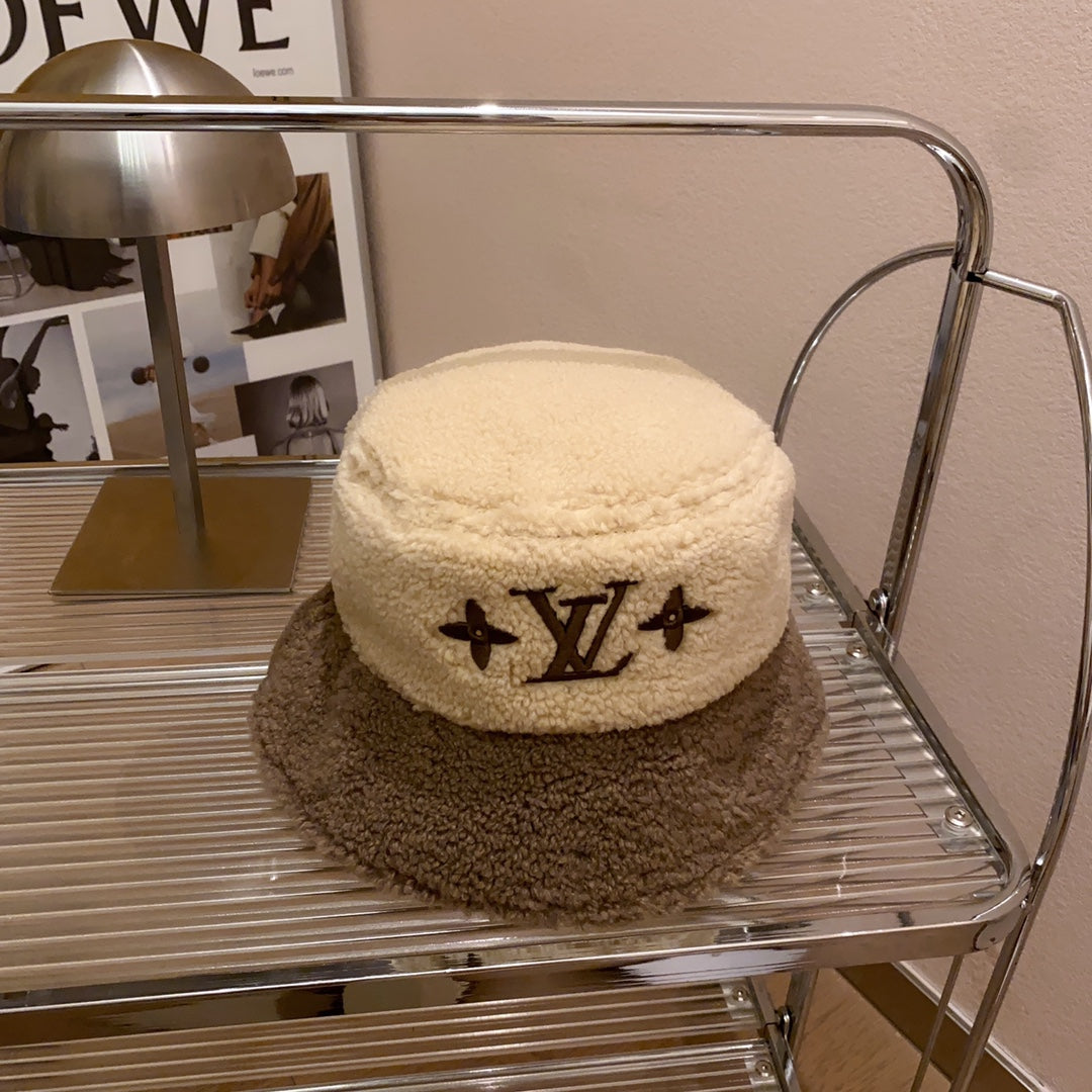 Lamb Wool Colorblock Embroidered Bucket Ha