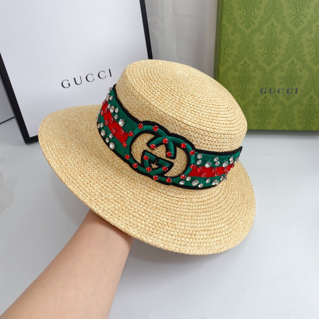 Double G Color Embroidered Diamond Straw Hat
