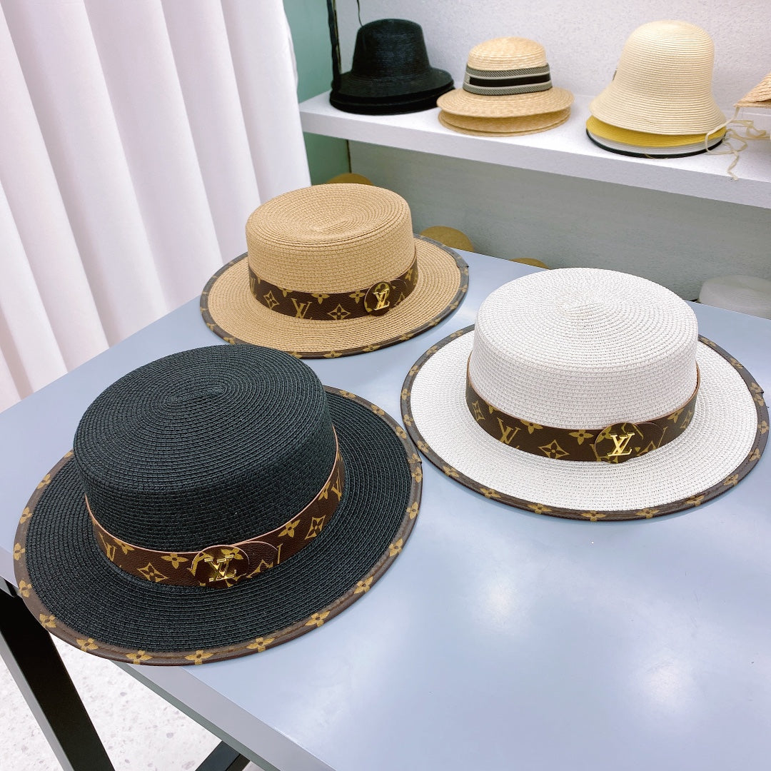 Fashion Monogram Belt Flat Straw Hat
