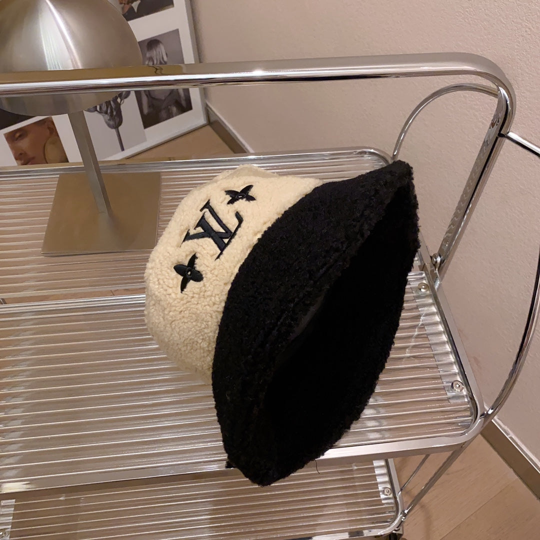 Lamb Wool Colorblock Embroidered Bucket Ha
