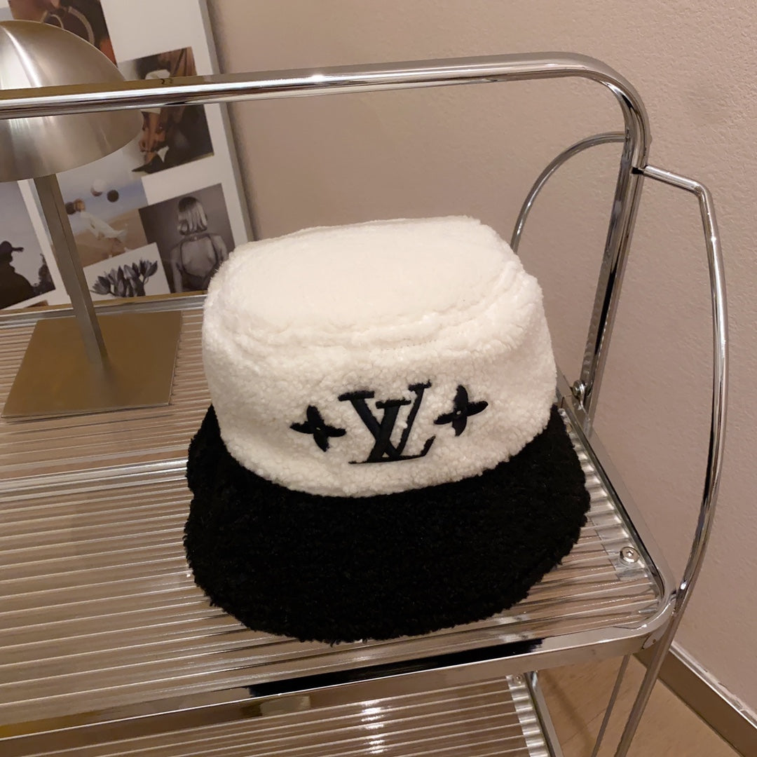 Lamb Wool Colorblock Embroidered Bucket Ha