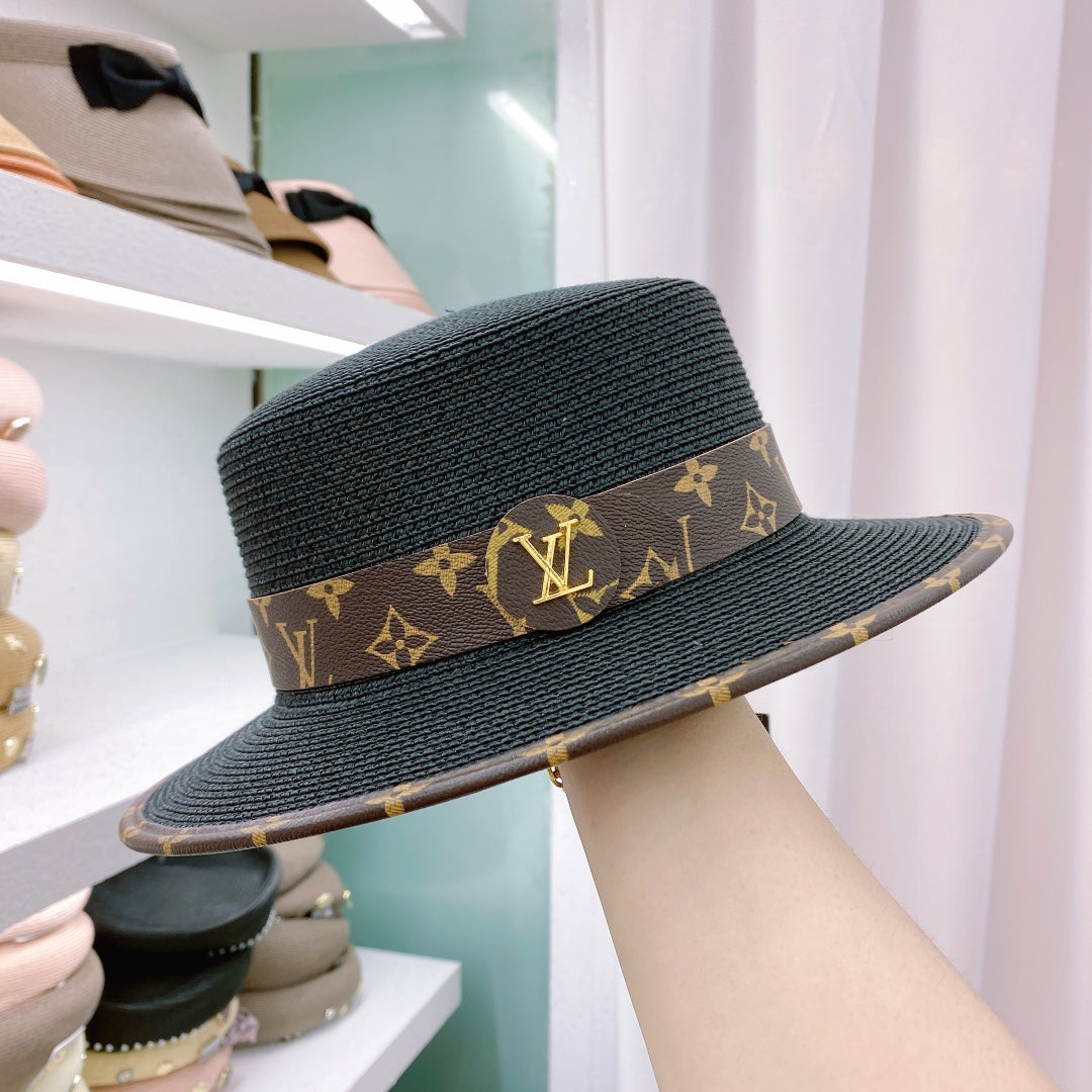 Fashion Monogram Belt Flat Straw Hat