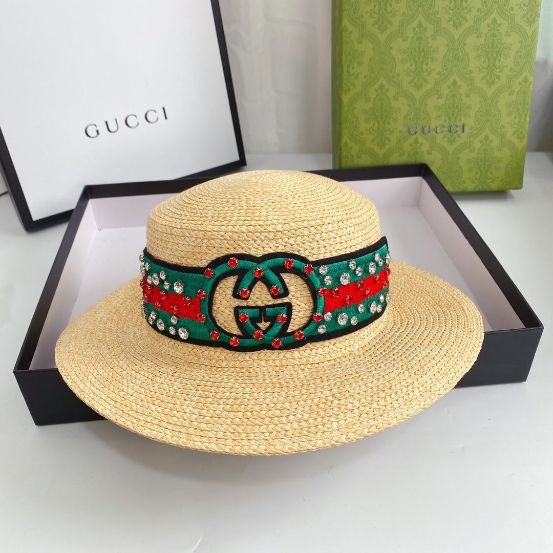 Double G Color Embroidered Diamond Straw Hat