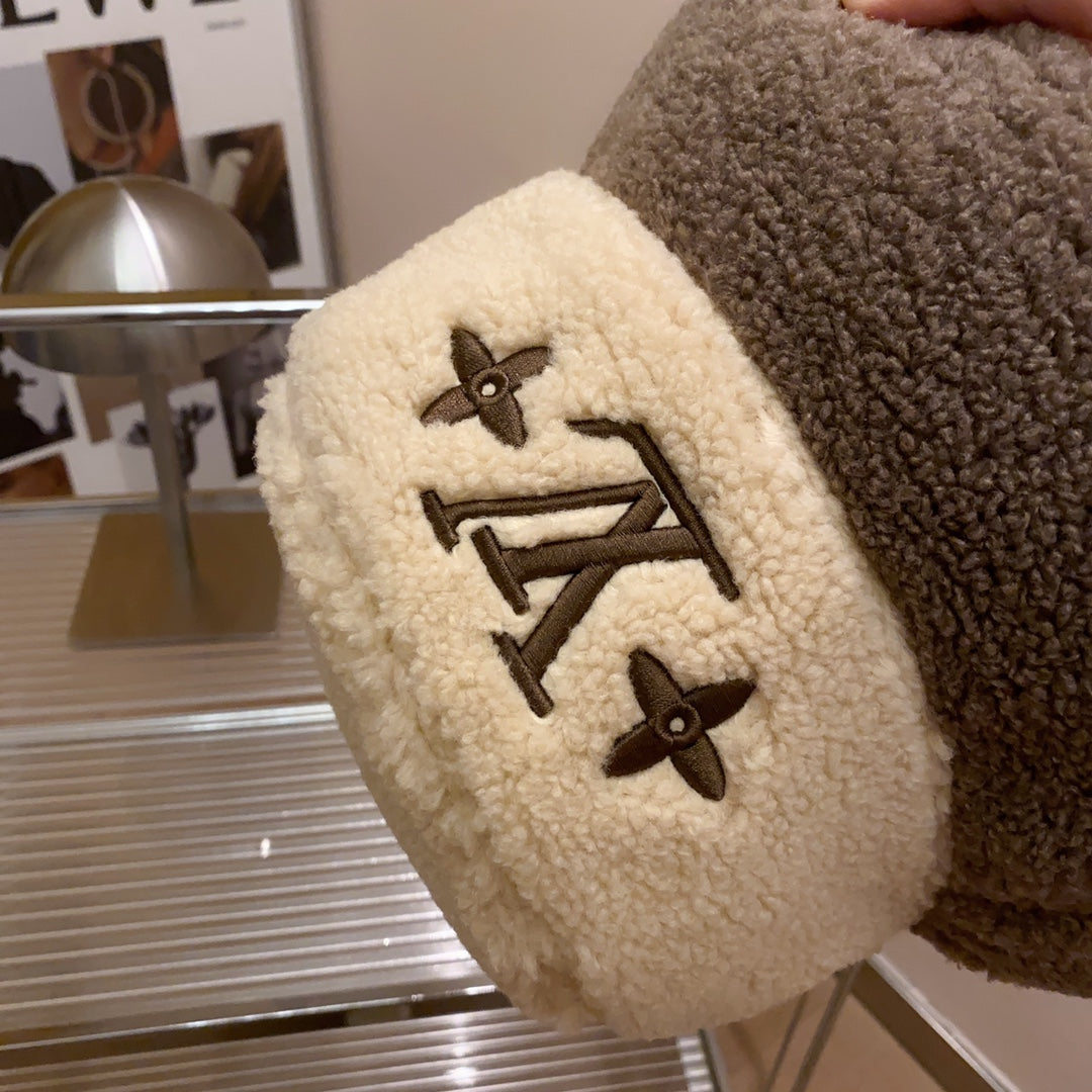 Lamb Wool Colorblock Embroidered Bucket Ha