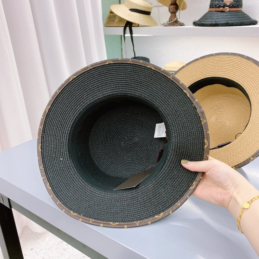 Fashion Monogram Belt Flat Straw Hat