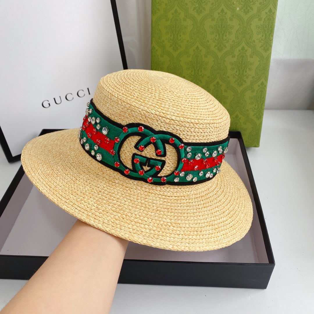 Double G Color Embroidered Diamond Straw Hat