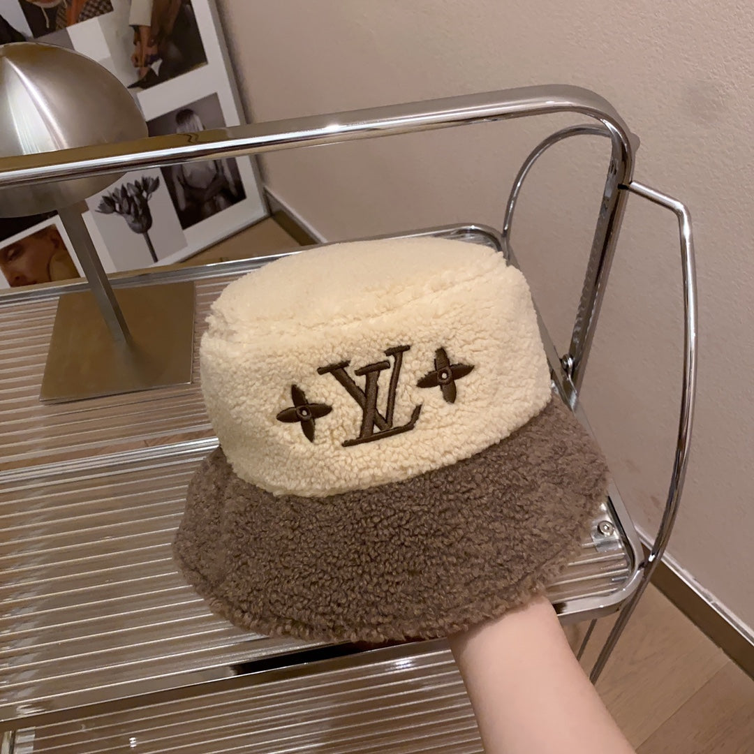 Lamb Wool Colorblock Embroidered Bucket Ha