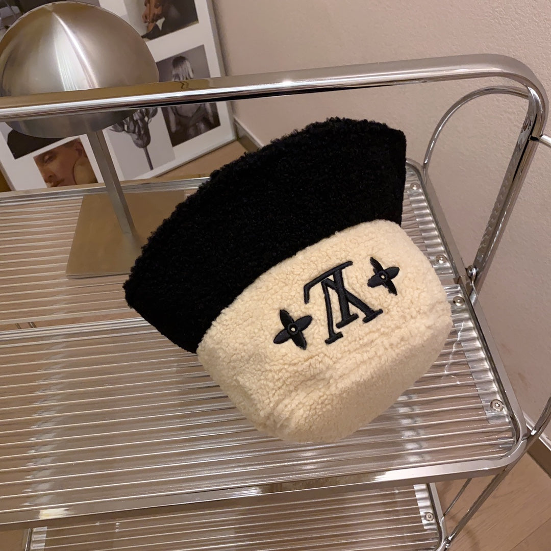 Lamb Wool Colorblock Embroidered Bucket Ha