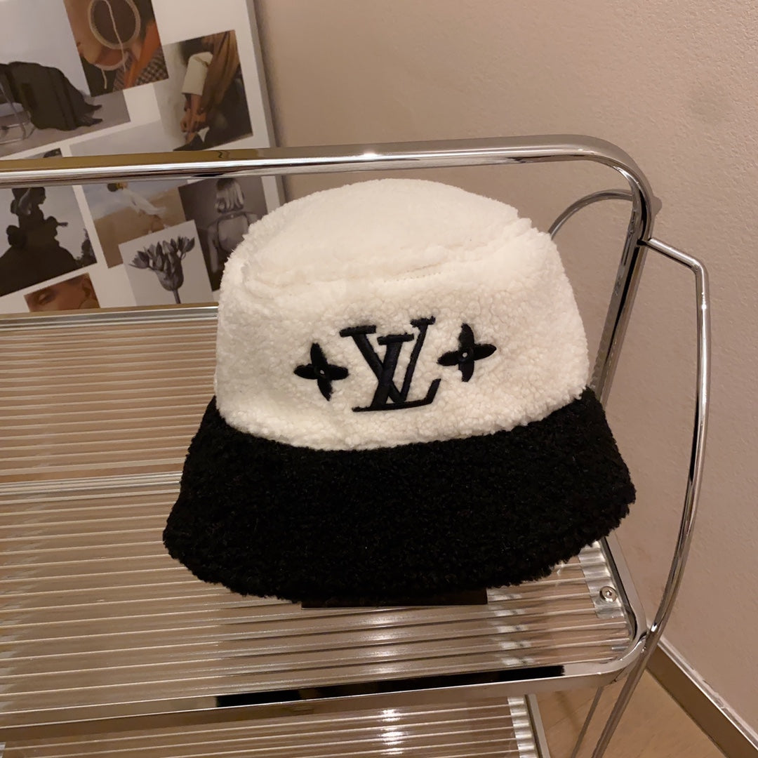 Lamb Wool Colorblock Embroidered Bucket Ha