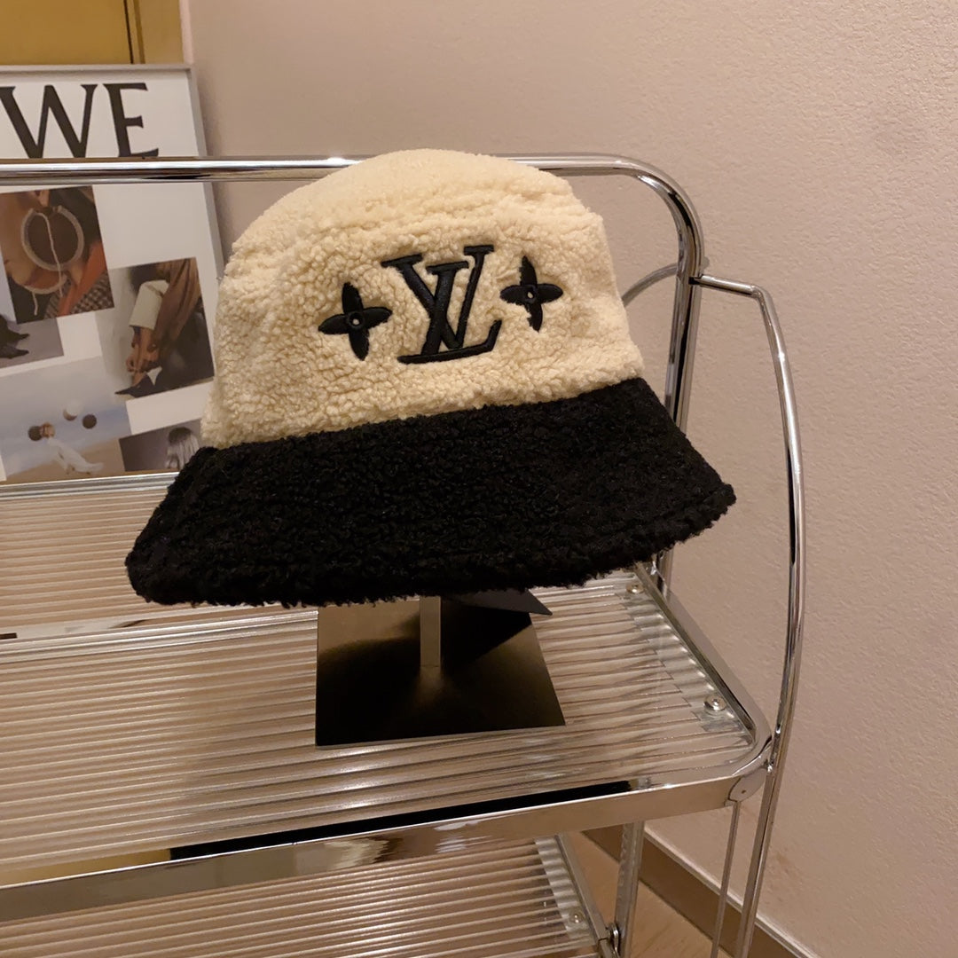Lamb Wool Colorblock Embroidered Bucket Ha