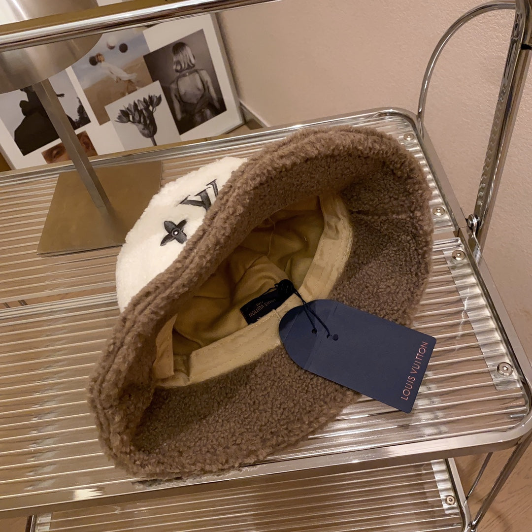 Lamb Wool Colorblock Embroidered Bucket Ha