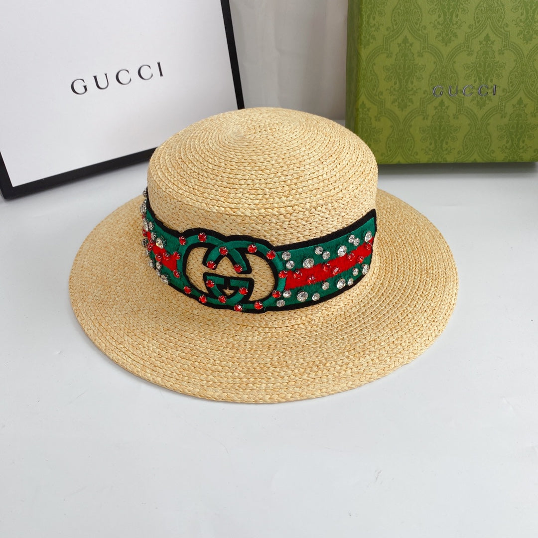 Double G Color Embroidered Diamond Straw Hat